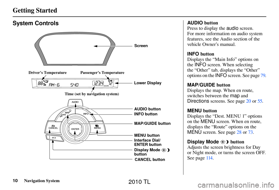 Acura TL 2010  Navigation Manual Getting Started 
10 Navigation System
 AUDIO button 
Press to display the  audio screen. 
For more information on audio system 
features, see the Audio section of the 
vehicle Owner’s manual. 
 INFO