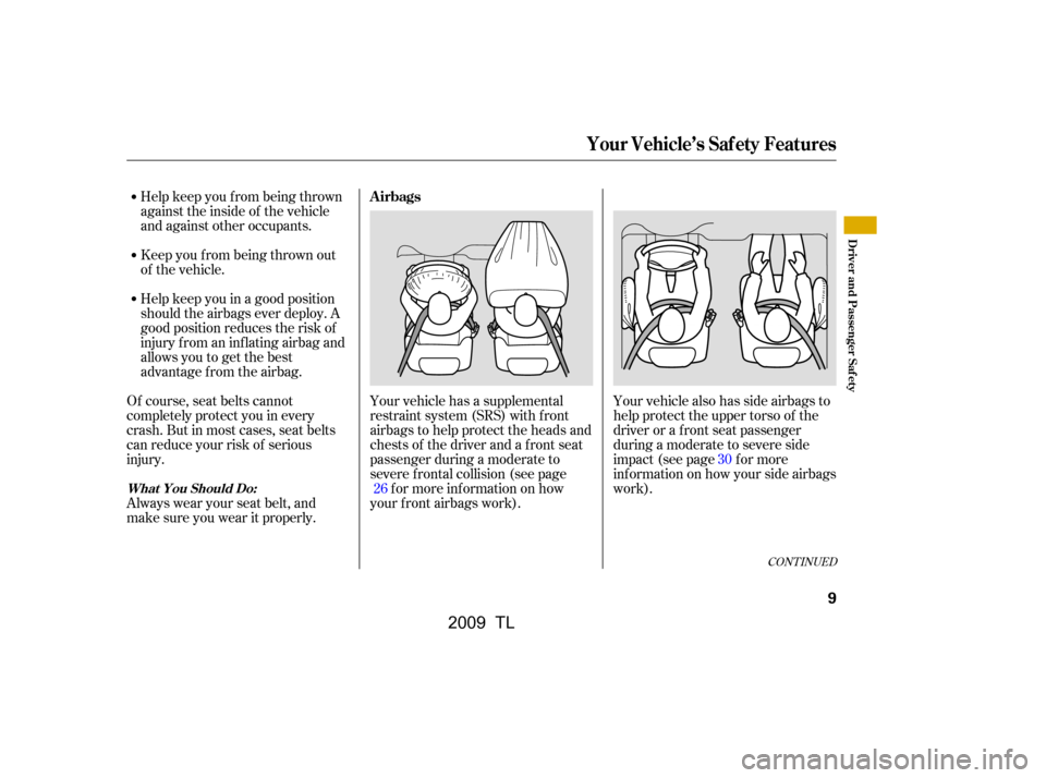 Acura TL 2009 User Guide Help keep you f rom being thrown 
against the inside of the vehicle
and against other occupants. 
Keep you f rom being thrown out 
of the vehicle. 
Help keep you in a good position 
should the airbags