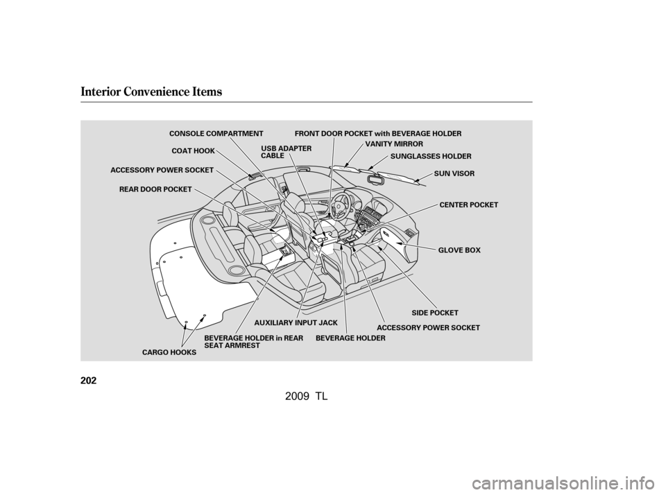 Acura TL 2009 User Guide Interior Convenience Items
202
CONSOLE COMPARTMENTSIDE POCKETSUN VISOR
VANITY MIRROR
SUNGLASSES HOLDER
REAR DOOR POCKET USB ADAPTER
CABLE
ACCESSORY POWER SOCKETGLOVE BOX
CENTER POCKET
ACCESSORY POWER Acura TL 2009 User Guide Interior Convenience Items
202
CONSOLE COMPARTMENTSIDE POCKETSUN VISOR
VANITY MIRROR
SUNGLASSES HOLDER
REAR DOOR POCKET USB ADAPTER
CABLE
ACCESSORY POWER SOCKETGLOVE BOX
CENTER POCKET
ACCESSORY POWER