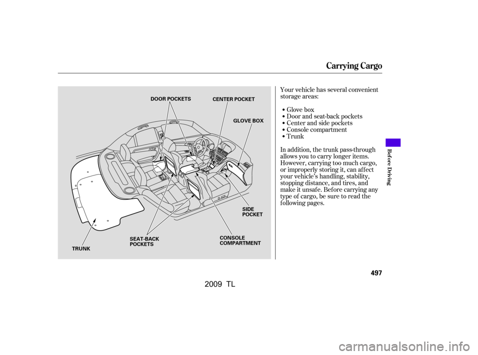 Acura TL 2009 User Guide
Your vehicle has several convenient
storage areas:Glove box
Door and seat-back pockets
Trunk Console compartment
Center and side pockets
In addition, the trunk pass-through
allows you to carry longer Acura TL 2009 User Guide
Your vehicle has several convenient
storage areas:Glove box
Door and seat-back pockets
Trunk Console compartment
Center and side pockets
In addition, the trunk pass-through
allows you to carry longer