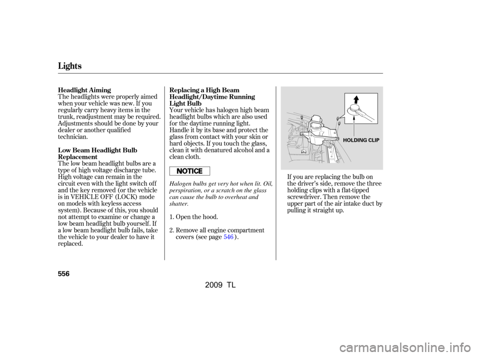 Acura TL 2009  Owners Manual Theheadlightswereproperlyaimed 
when your vehicle was new. If you
regularly carry heavy items in the
trunk, readjustment may be required.
Adjustmentsshouldbedonebyyour
dealer or another qualif ied
tec