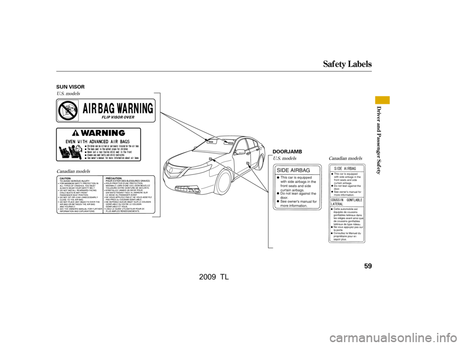 Acura TL 2009 Repair Manual U.S. modelsCanadian models U.S. models
Canadian models
Saf ety L abels
Driver and Passenger Saf ety
59
SUN VISOR
DOORJAMB
\f—\f—y

y
) \f\fy\f\fy
 20