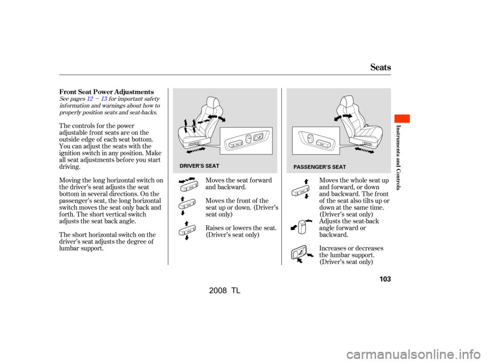 Acura TL 2008  Owners Manual µ
See pages f or important saf ety
inf ormation and warnings about how toproperly position seats and seat-backs. 1213
The controls f or the power 
adjustable front seats are on the
outside edge of e