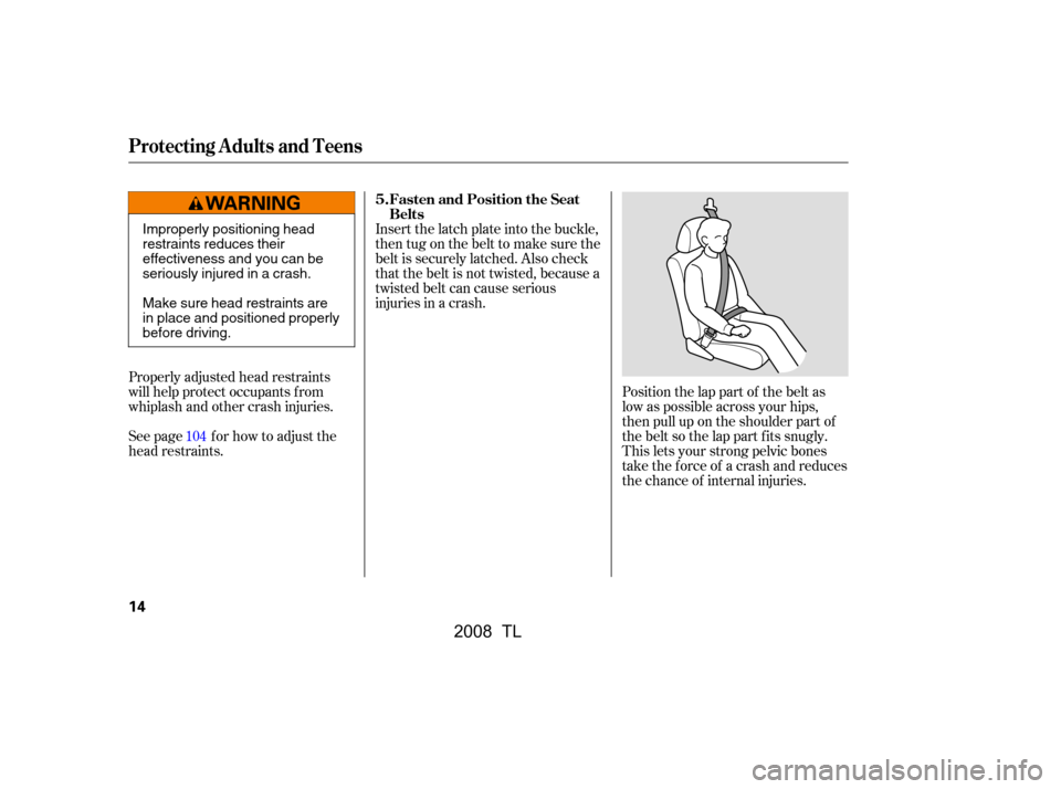 Acura TL 2008 User Guide Properly adjusted head restraints 
will help protect occupants f rom
whiplash and other crash injuries. 
See page f or how to adjust the 
head restraints.Insert the latch plate into the buckle, 
then 