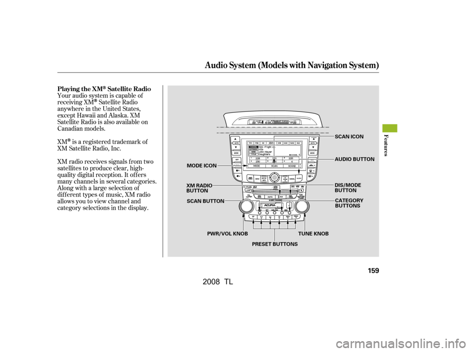 Acura TL 2008  Owners Manual Your audio system is capable of 
receiving XM
Satellite Radio
anywhere in the United States,
except Hawaii and Alaska. XM 
Satellite Radio is also available on
Canadian models. 
XM radio receives sign