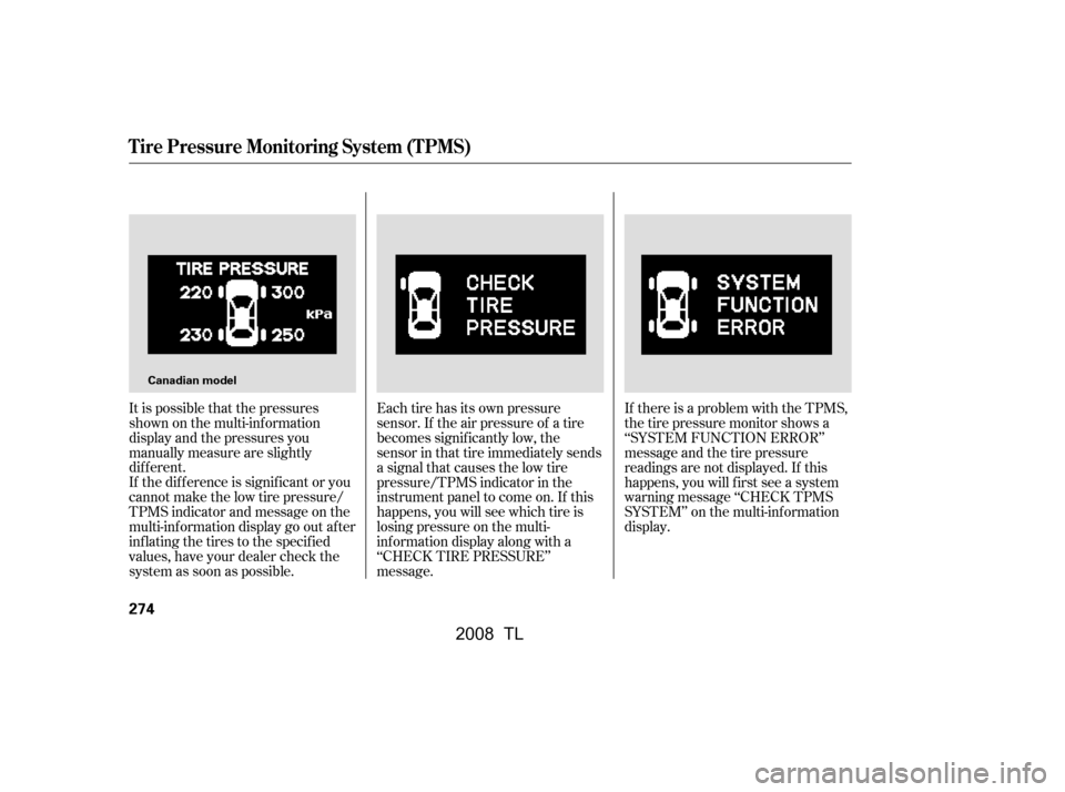 Acura TL 2008  Owners Manual Each tire has its own pressure 
sensor. If the air pressure of a tire
becomes signif icantly low, the 
sensor in that tire immediately sends 
a signal that causes the low tire
pressure/TPMS indicator 