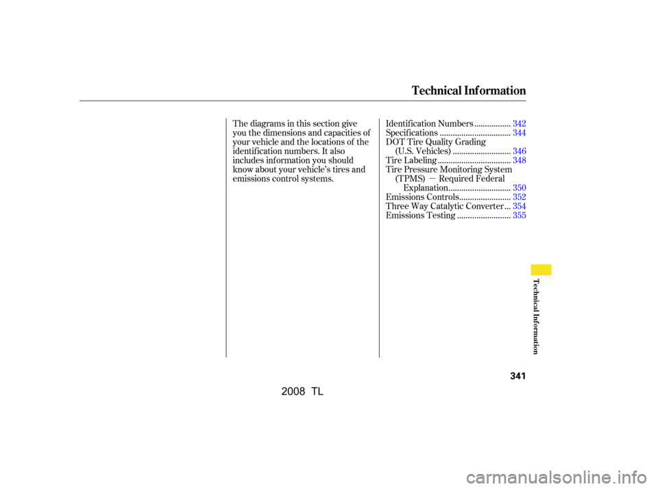 Acura TL 2008  Owners Manual µ
Thediagramsinthissectiongive 
you the dimensions and capacities of
your vehicle and the locations of the
identif ication numbers. It also
includes inf ormation you should
know about your vehicle�