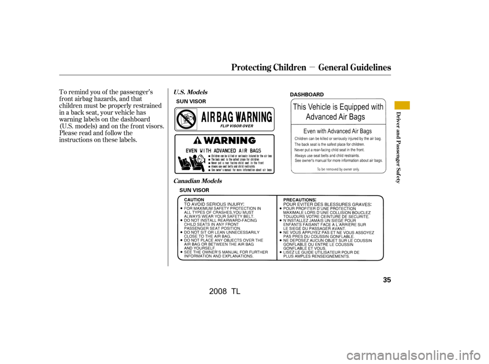 Acura TL 2008 Owners Guide µ
To remind you of the passenger’s 
f ront airbag hazards, and that
children must be properly restrained 
in a back seat, your vehicle has 
warninglabelsonthedashboard
(U.S. models) and on the f r