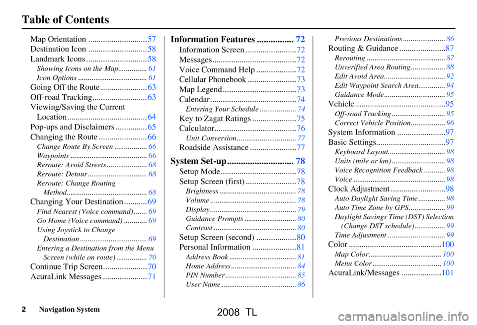 Acura TL 2008  Navigation Manual 2Navigation System
Table of Contents
Map Orientation ............................57 
Destination Icon ............................58
Landmark Icons .............................58
Showing Icons on the