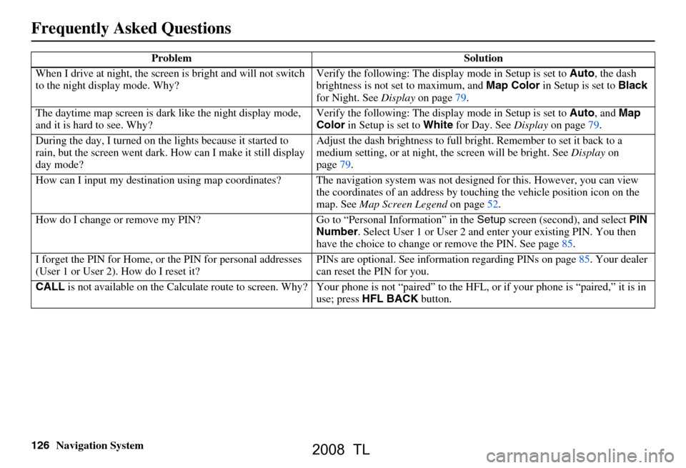 Acura TL 2008 Navigation Manual
126Navigation System
When I drive at night, the screen
is bright and will not switch
to the night display mode. Why? Verify the following: The disp
lay mode in Setup is set to Auto, the dash
brigh Acura TL 2008 Navigation Manual
126Navigation System
When I drive at night, the screen
is bright and will not switch
to the night display mode. Why? Verify the following: The disp
lay mode in Setup is set to Auto, the dash
brigh