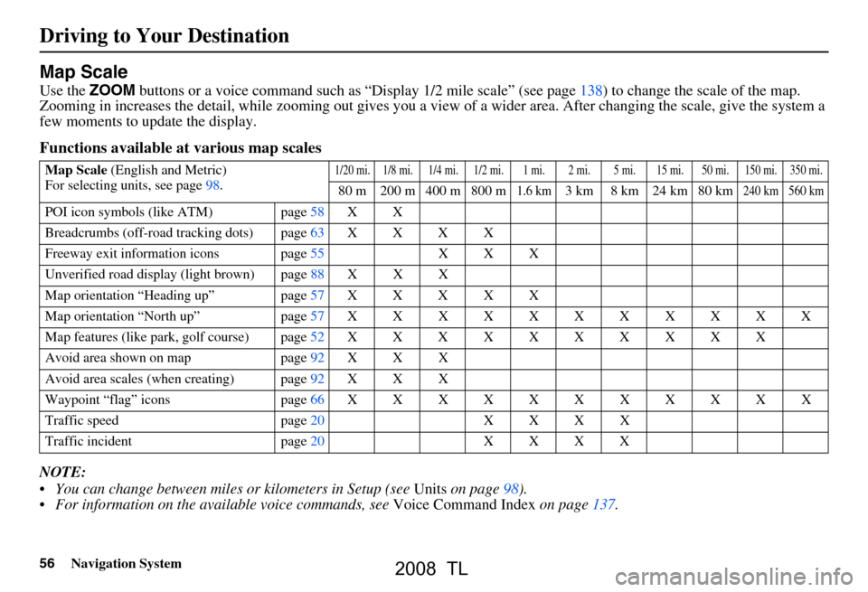 Acura TL 2008 Navigation Manual
56Navigation System
Driving to Your Destination
Map Scale
Use the ZOOM buttons or a voice command such as “Display 1/2 mile scale” (see page138) to change the scale of the map.
Zooming in incre Acura TL 2008 Navigation Manual
56Navigation System
Driving to Your Destination
Map Scale
Use the ZOOM buttons or a voice command such as “Display 1/2 mile scale” (see page138) to change the scale of the map.
Zooming in incre