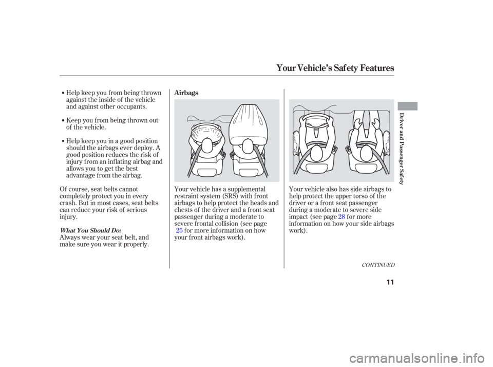 Acura TL 2006  Owners Manual Help keep you f rom being thrown
against the inside of the vehicle
and against other occupants.
Keep you f rom being thrown out
of the vehicle.
Help keep you in a good position
should the airbags ever