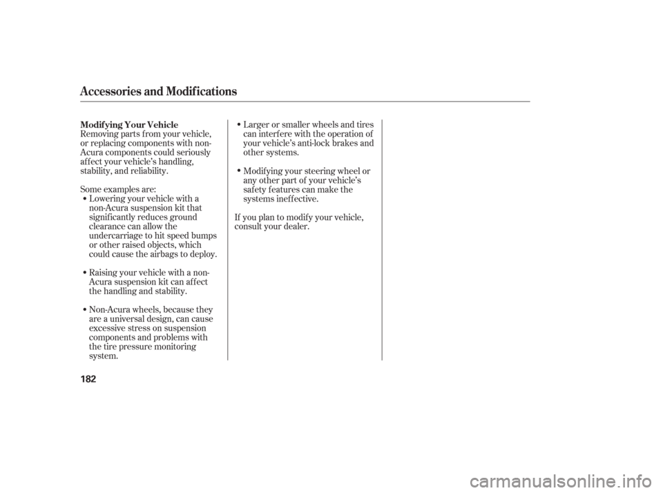 Acura TL 2006  Owners Manual Some examples are:Larger or smaller wheels and tires
can interf ere with the operation of
your vehicle’s anti-lock brakes and
other systems.
Removing parts f rom your vehicle,
or replacing component