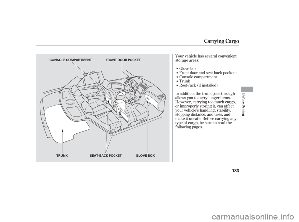 Acura TL 2006  Owners Manual Your vehicle has several convenient
storage areas:Glove box
Front door and seat-back pockets
Console compartment
Trunk
Roof -rack (if installed)
In addition, the trunk pass-through
allows you to carry