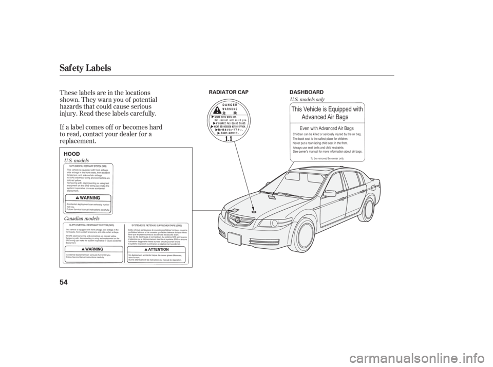 Acura TL 2006  Owners Manual These labels are in the locations
shown. They warn you of potential
hazards that could cause serious
injury. Read these labels caref ully.
If a label comes of f or becomes hard
to read, contact your d
