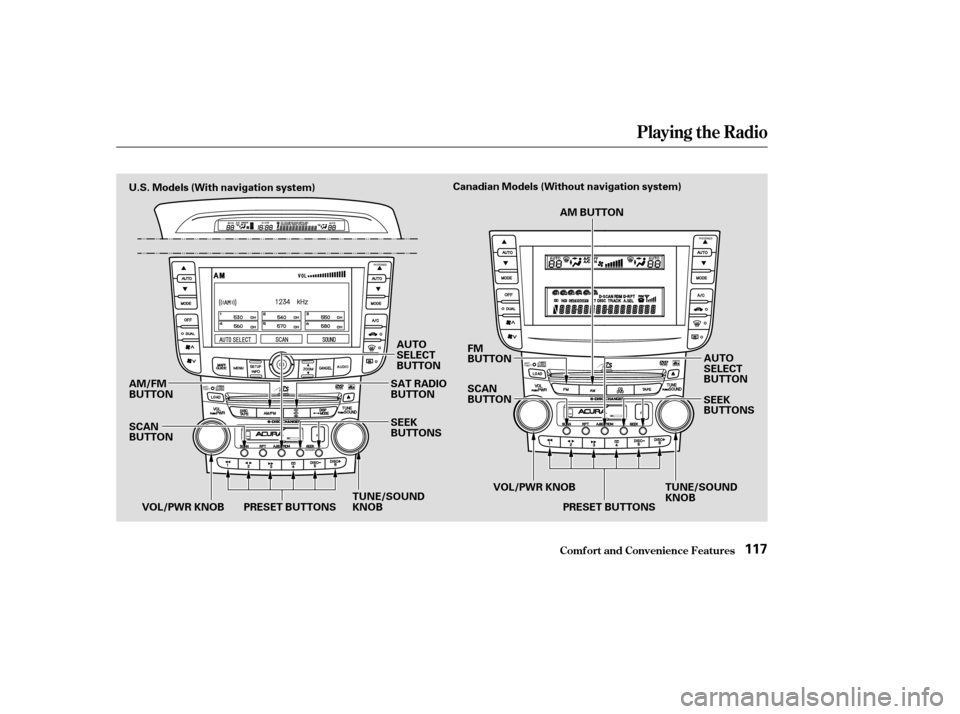 Acura TL 2004  Owners Manual Playing the Radio
Comf ort and Convenience Feat ures117
PRESET BUTTONSTUNE/SOUND
KNOB
Canadian Models (Without navigation system)
U.S. Models (With navigation system)
AM/FM
BUTTON SAT RADIO
BUTTON
SEE