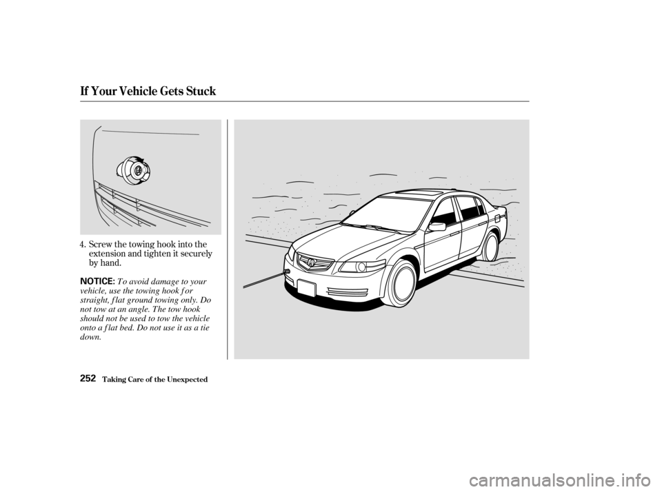 Acura TL 2004 Owners Guide Screw the towing hook into the
extension and tighten it securely
by hand.
4.
If Your Vehicle Gets Stuck
T aking Care of t he Unexpect ed252
NOTICE:
To avoid damage to your
vehicle, use the towing hook