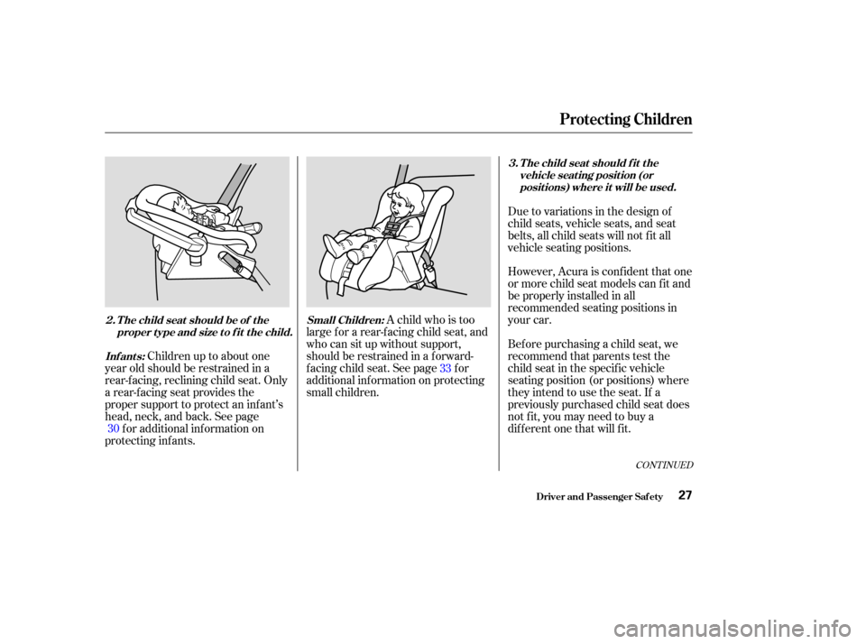 Acura TL 2003 3.2 Owners Guide CONT INUED
Bef ore purchasing a child seat, we
recommend that parents test the
child seat in the specif ic vehicle
seating position (or positions) where
they intend to use the seat. If a
previously pu Acura TL 2003 3.2 Owners Guide CONT INUED
Bef ore purchasing a child seat, we
recommend that parents test the
child seat in the specif ic vehicle
seating position (or positions) where
they intend to use the seat. If a
previously pu