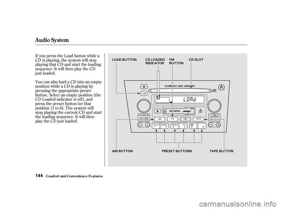 Acura TL 2002  3.2 Owners Manual If you press the Load button while a
CD is playing, the system will stop
playing that CD and start the loading
sequence. It will then play the CD
just loaded.
You can also load a CD into an empty
posi