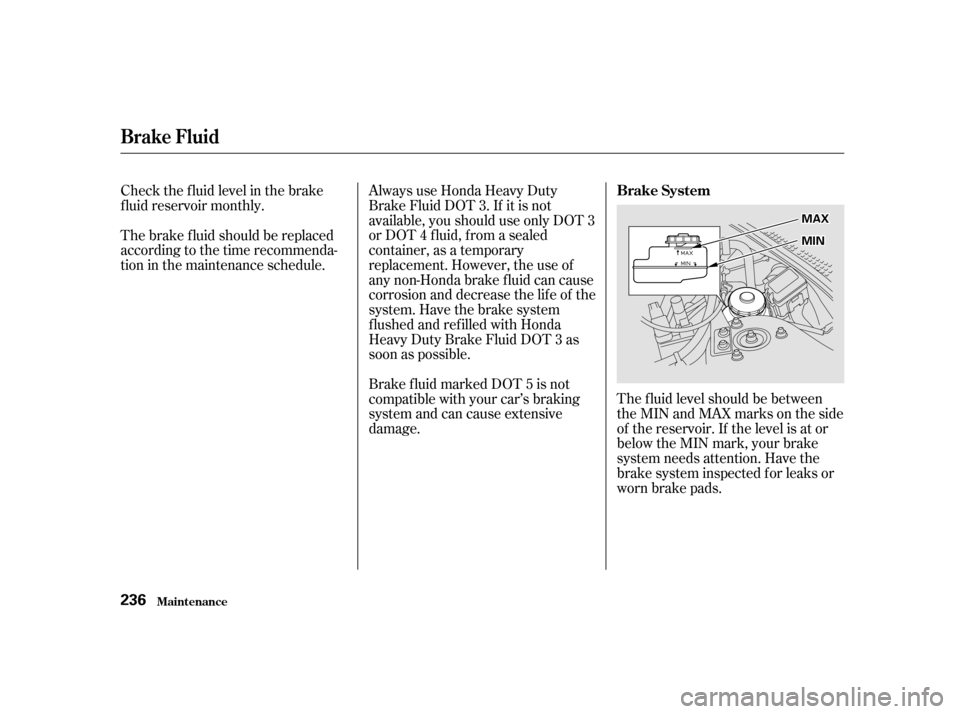 Acura TL 2002  3.2 Owners Manual The f luid level should be between
theMINandMAXmarksontheside
of the reservoir. If the level is at or
below the MIN mark, your brake
system needs attention. Have the
brake system inspected f or leaks 