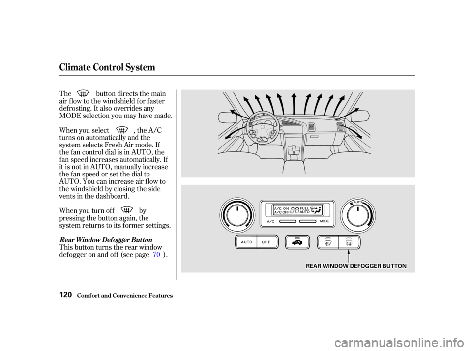 Acura TL 2001  3.2 Owners Manual The button directs the main
air f low to the windshield f or f aster
def rosting. It also overrides any
MODE selection you may have made.
When you select , the A/C
turns on automatically and the
syste