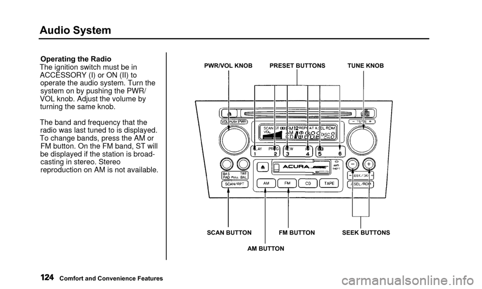 Acura TL 2000  3.2 Owners Manual Audio System
Operating the Radio
The ignition switch must be in ACCESSORY (I) or ON (II) to operate the audio system. Turn thesystem on by pushing the PWR/
VOL knob. Adjust the volume by turning the s