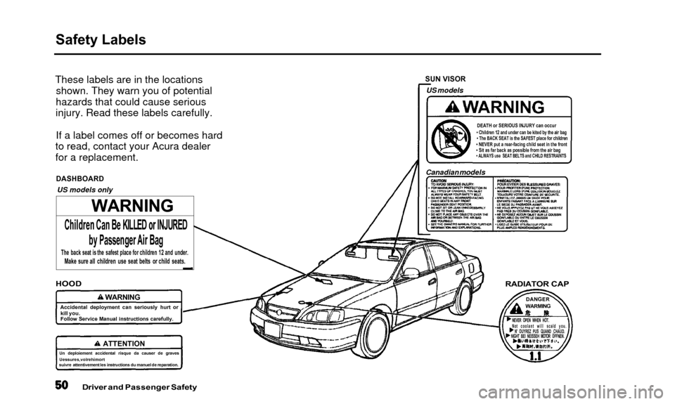 Acura TL 2000  3.2 Owners Manual Safety Labels
These labels are in the locationsshown. They warn you of potential
hazards that could cause serious
injury. Read these labels carefully.
If a label comes off or becomes hard
to read, con