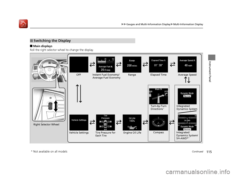 Acura TLX 2020  Owners Manual 115
uuGauges and Multi-Information Display uMulti-Information Display
Continued
Instrument Panel
■Main displays
Roll the right selector wheel to change the display.
■Switching the Display
QTRigh