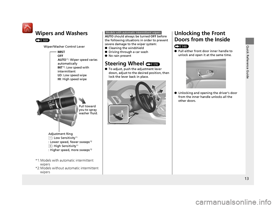 Acura TLX 2020  Owners Manual 13
Quick Reference Guide
Wipers and Washers 
(P169)
*1:Models with automatic intermittent wipers
*2:Models without automatic intermittent  wipers
Wiper/Washer Control Lever
MIST
OFF
AUTO
*1: Wiper spe