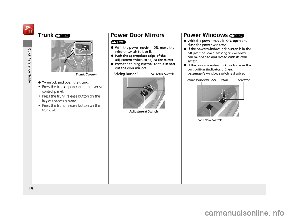 Acura TLX 2020  Owners Manual 14
Quick Reference Guide
Trunk (P149)
● To unlock and open the trunk:
•Press the trunk opener on the driver side 
control panel.
• Press the trunk release button on the 
keyless access remote.
�