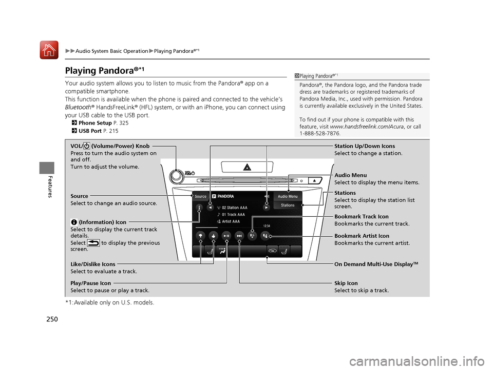 Acura TLX 2020 Service Manual 250
uuAudio System Basic Operation uPlaying Pandora ®*1
Features
Playing Pandora ®*1
Your audio system allows you to  listen to music from the Pandora ® app on a 
compatible smartphone.
This functi