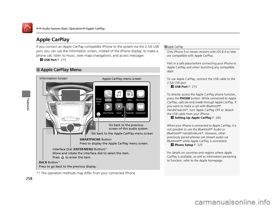 Acura TLX 2020  Owners Manual 258
uuAudio System Basic Operation uApple CarPlay
Features
Apple CarPlay
If you connect an Apple CarPlay-compatible  iPhone to the system via the 2.5A USB 
port, you can use the information screen, in