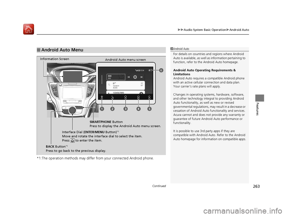 Acura TLX 2020 Owners Manual Continued263
uuAudio System Basic Operation uAndroid Auto
Features
*1:The operation methods may differ from your connected Android phone.
■Android Auto Menu1Android Auto
For details on c ountries an Acura TLX 2020 Owners Manual Continued263
uuAudio System Basic Operation uAndroid Auto
Features
*1:The operation methods may differ from your connected Android phone.
■Android Auto Menu1Android Auto
For details on c ountries an