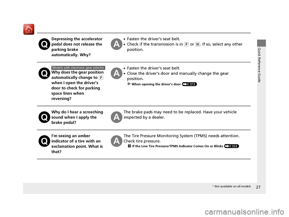 Acura TLX 2020 Owners Guide 27
Quick Reference Guide
Depressing the accelerator
pedal does not release the
parking brake
automatically. Why?●Fasten the driver’s seat belt.
●Check if the transmission is in (P or (N. If s Acura TLX 2020 Owners Guide 27
Quick Reference Guide
Depressing the accelerator
pedal does not release the
parking brake
automatically. Why?●Fasten the driver’s seat belt.
●Check if the transmission is in (P or (N. If s