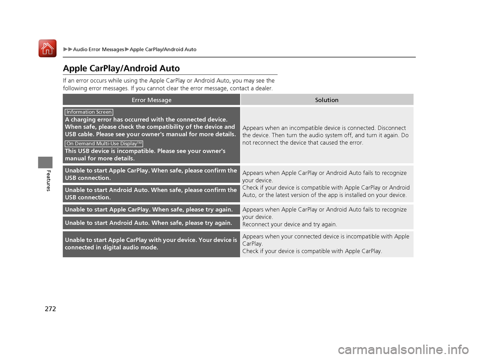 Acura TLX 2020 Owners Manual 272
uuAudio Error Messages uApple CarPlay/Android Auto
Features
Apple CarPlay/Android Auto
If an error occurs while us ing the Apple CarPlay or Android Auto, you may see the
following error messages. Acura TLX 2020 Owners Manual 272
uuAudio Error Messages uApple CarPlay/Android Auto
Features
Apple CarPlay/Android Auto
If an error occurs while us ing the Apple CarPlay or Android Auto, you may see the
following error messages.