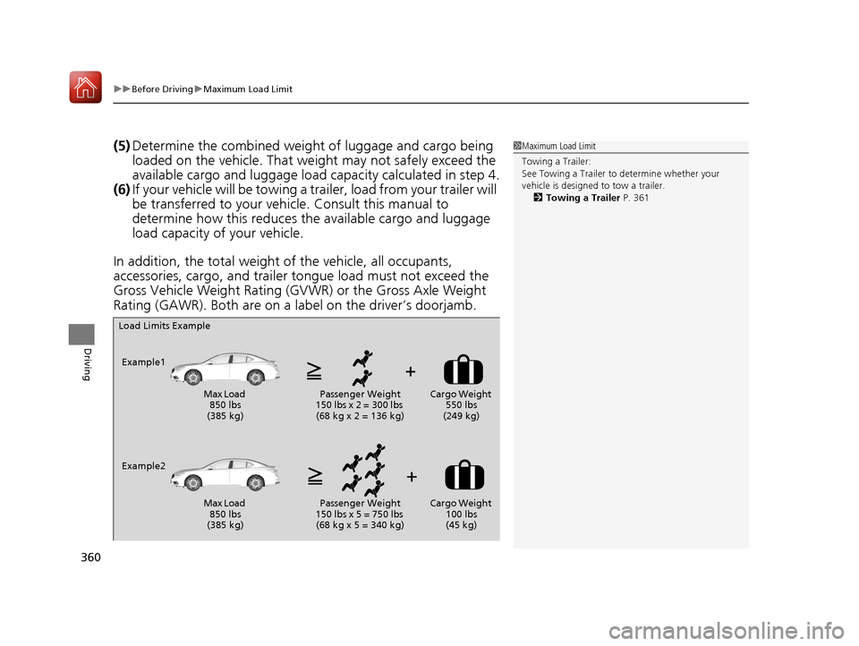 Acura TLX 2020  Owners Manual uuBefore Driving uMaximum Load Limit
360
Driving
(5) Determine the combined weight  of luggage and cargo being 
loaded on the vehicle. That we ight may not safely exceed the 
available cargo and lugga