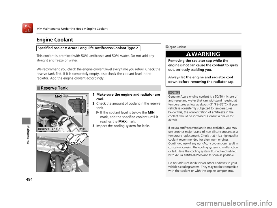 Acura TLX 2020  Owners Manual 484
uuMaintenance Under the Hood uEngine Coolant
Maintenance
Engine Coolant
This coolant is premixed with 50% antifreeze and 50% water. Do not add any 
straight antifreeze or water.
We recommend you c