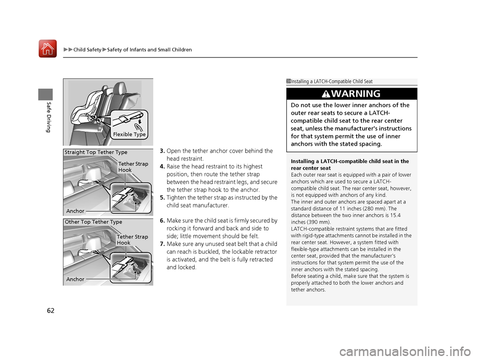 Acura TLX 2020  Owners Manual uuChild Safety uSafety of Infants and Small Children
62
Safe Driving
3. Open the tether anchor cover behind the 
head restraint.
4. Raise the head restraint to its highest 
position, then rout e the t