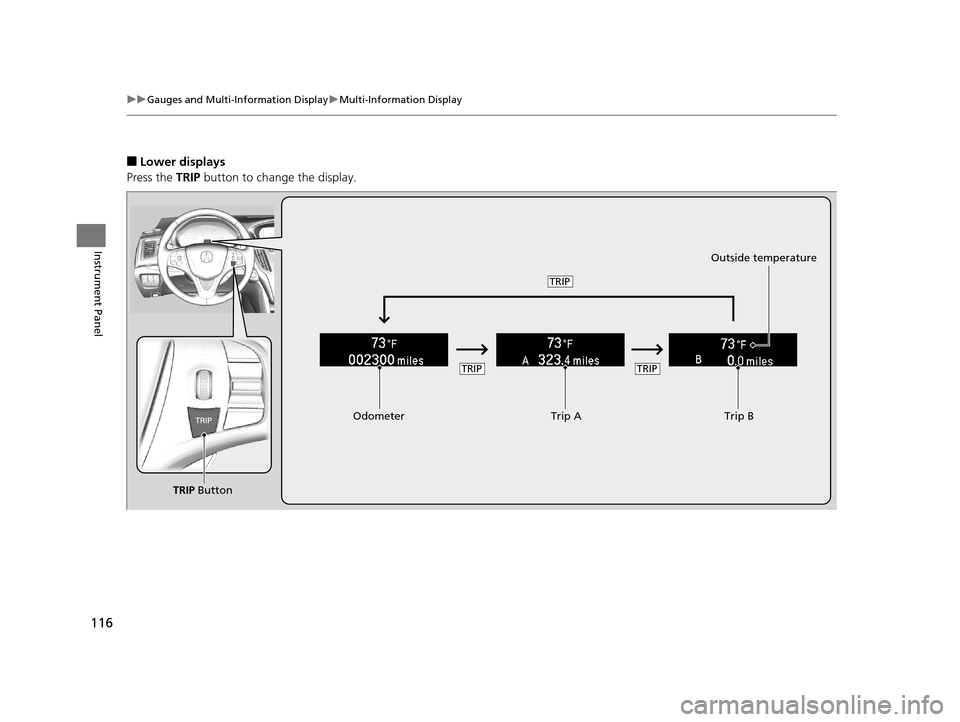 Acura TLX 2019  Owners Manual 116
uuGauges and Multi-Information Display uMulti-Information Display
Instrument Panel
■Lower displays
Press the  TRIP button to change the display.
Odometer Trip ATrip B
Outside temperature
TRIP Bu