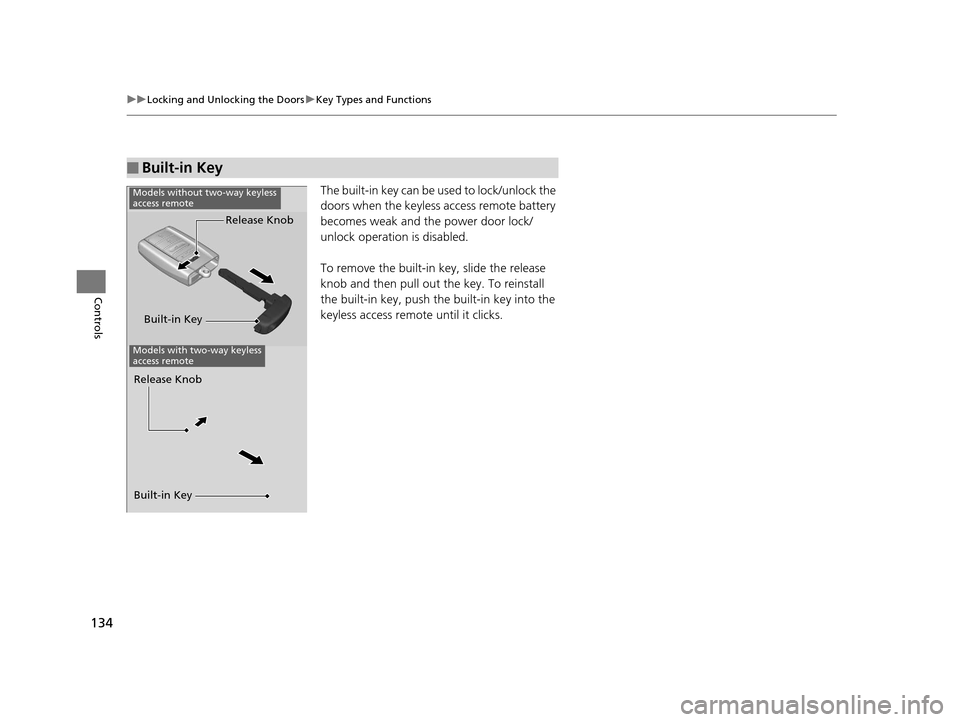 Acura TLX 2019 User Guide 134
uuLocking and Unlocking the Doors uKey Types and Functions
Controls
The built-in key can be us ed to lock/unlock the
doors when the keyless access remote battery
becomes weak and th e power doo Acura TLX 2019 User Guide 134
uuLocking and Unlocking the Doors uKey Types and Functions
Controls
The built-in key can be us ed to lock/unlock the
doors when the keyless access remote battery
becomes weak and th e power doo