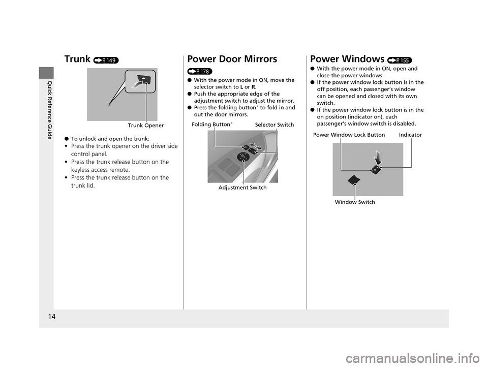 Acura TLX 2019  Owners Manual 14
Quick Reference Guide
Trunk (P149)
● To unlock and open the trunk:
•Press the trunk opener on the driver side 
control panel.
• Press the trunk release button on the 
keyless access remote.
�