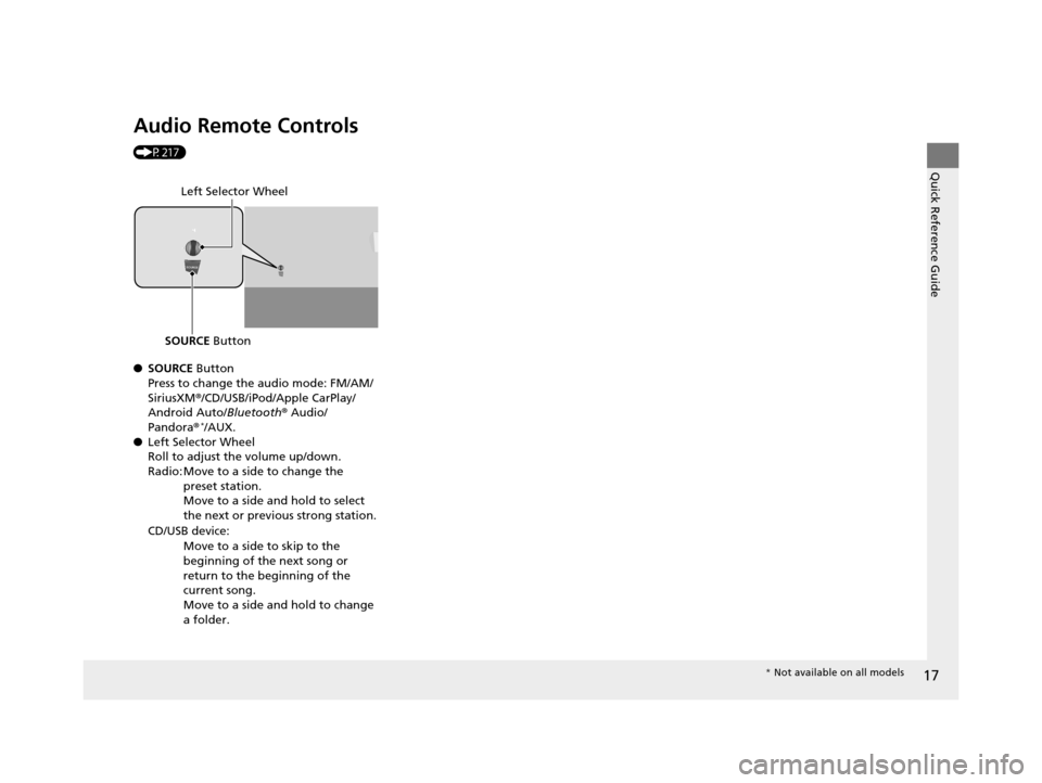 Acura TLX 2019  Owners Manual 17
Quick Reference Guide
Audio Remote Controls 
(P217)
●SOURCE Button
Press to change the audio mode: FM/AM/
SiriusXM ®/CD/USB/iPod/Apple CarPlay/
Android Auto/ Bluetooth® Audio/
Pandora ®
*/AUX.