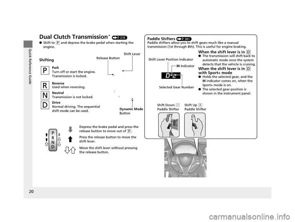 Acura TLX 2019 Owners Manual 20
Quick Reference Guide
Release Button
Depress the brake pedal and press the
release button to move out of
( P.
Move the shift lever without pressing
the release button. Press the release button t Acura TLX 2019 Owners Manual 20
Quick Reference Guide
Release Button
Depress the brake pedal and press the
release button to move out of
( P.
Move the shift lever without pressing
the release button. Press the release button t