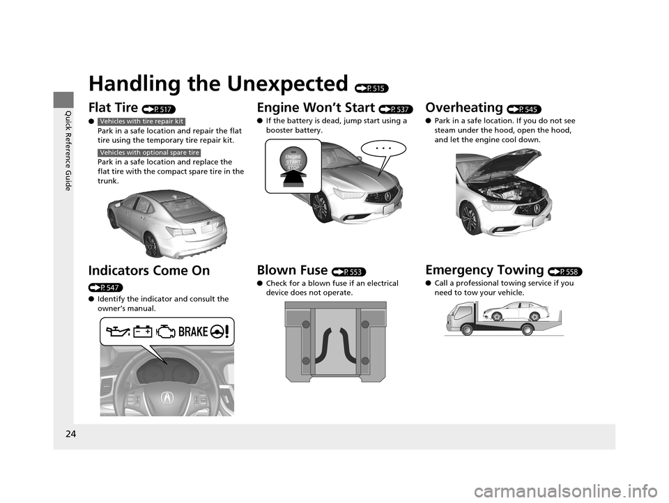 Acura TLX 2019  Owners Manual 24
Quick Reference Guide
Handling the Unexpected (P515)
Flat Tire (P517)
● Park in a safe location and repair the flat 
tire using the temporary tire repair kit.
Park in a safe location and replace 