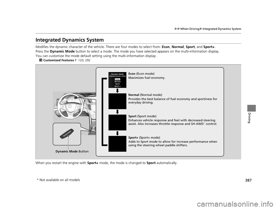Acura TLX 2019 Owners Manual 387
uuWhen Driving uIntegrated Dynamics System
Driving
Integrated Dynamics System
Modifies the dynamic characte r of the vehicle. There are four modes to select from: Econ, Normal, Sport , and Sport+ Acura TLX 2019 Owners Manual 387
uuWhen Driving uIntegrated Dynamics System
Driving
Integrated Dynamics System
Modifies the dynamic characte r of the vehicle. There are four modes to select from: Econ, Normal, Sport , and Sport+