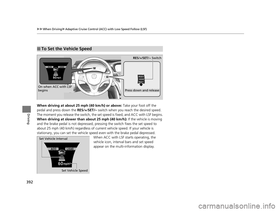 Acura TLX 2019 Owners Manual 392
uuWhen Driving uAdaptive Cruise Control (ACC) with Low Speed Follow (LSF)
Driving
When driving at about 25 mph (40 km/h) or above: Take your foot off the
pedal and press down the RES/+/SET/– Acura TLX 2019 Owners Manual 392
uuWhen Driving uAdaptive Cruise Control (ACC) with Low Speed Follow (LSF)
Driving
When driving at about 25 mph (40 km/h) or above: Take your foot off the
pedal and press down the RES/+/SET/–