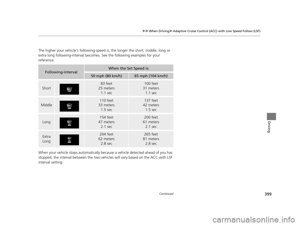 Acura TLX 2019 Owners Manual 399
uuWhen Driving uAdaptive Cruise Control (ACC) with Low Speed Follow (LSF)
Continued
Driving
The higher your vehicle’s following-speed is , the longer the short, middle, long or
extra long follo Acura TLX 2019 Owners Manual 399
uuWhen Driving uAdaptive Cruise Control (ACC) with Low Speed Follow (LSF)
Continued
Driving
The higher your vehicle’s following-speed is , the longer the short, middle, long or
extra long follo