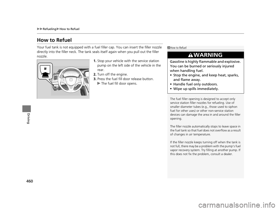 Acura TLX 2019  Owners Manual 460
uuRefueling uHow to Refuel
Driving
How to Refuel
Your fuel tank is not equipped with a fuel  filler cap. You can insert the filler nozzle 
directly into the filler neck. The tank seal s itself aga