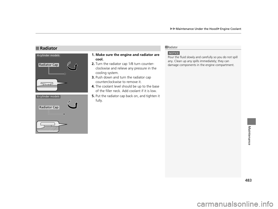 Acura TLX 2019  Owners Manual 483
uuMaintenance Under the Hood uEngine Coolant
Maintenance
1. Make sure the engine and radiator are 
cool.
2. Turn the radiator cap 1/8 turn counter-
clockwise and relieve any pressure in the 
cooli