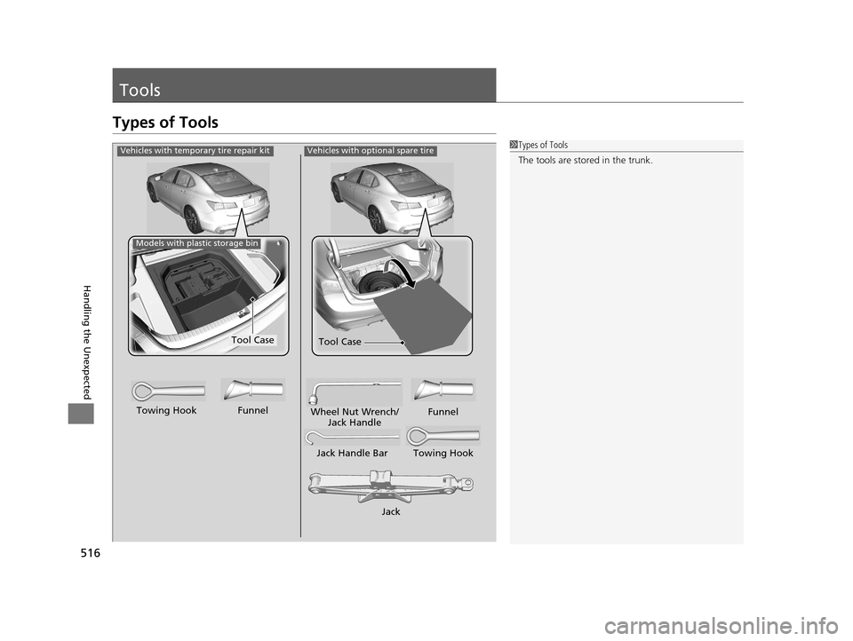 Acura TLX 2019 Owners Manual 516
Handling the Unexpected
Tools
Types of Tools
1Types of Tools
The tools are stored in the trunk.Vehicles with optional spare tire
Jack
Jack Handle Bar Towing Hook
Wheel Nut Wrench/
Jack Handle Funn Acura TLX 2019 Owners Manual 516
Handling the Unexpected
Tools
Types of Tools
1Types of Tools
The tools are stored in the trunk.Vehicles with optional spare tire
Jack
Jack Handle Bar Towing Hook
Wheel Nut Wrench/
Jack Handle Funn